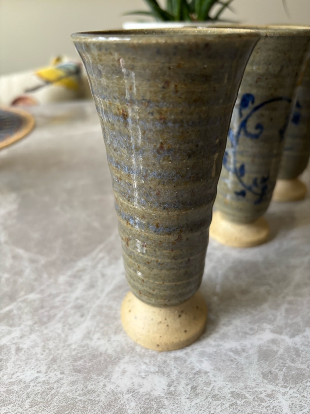 Studio Art Pottery handcrafted Goblets with Blue Floral Motif - Set of 8 - Picture 3 of 9